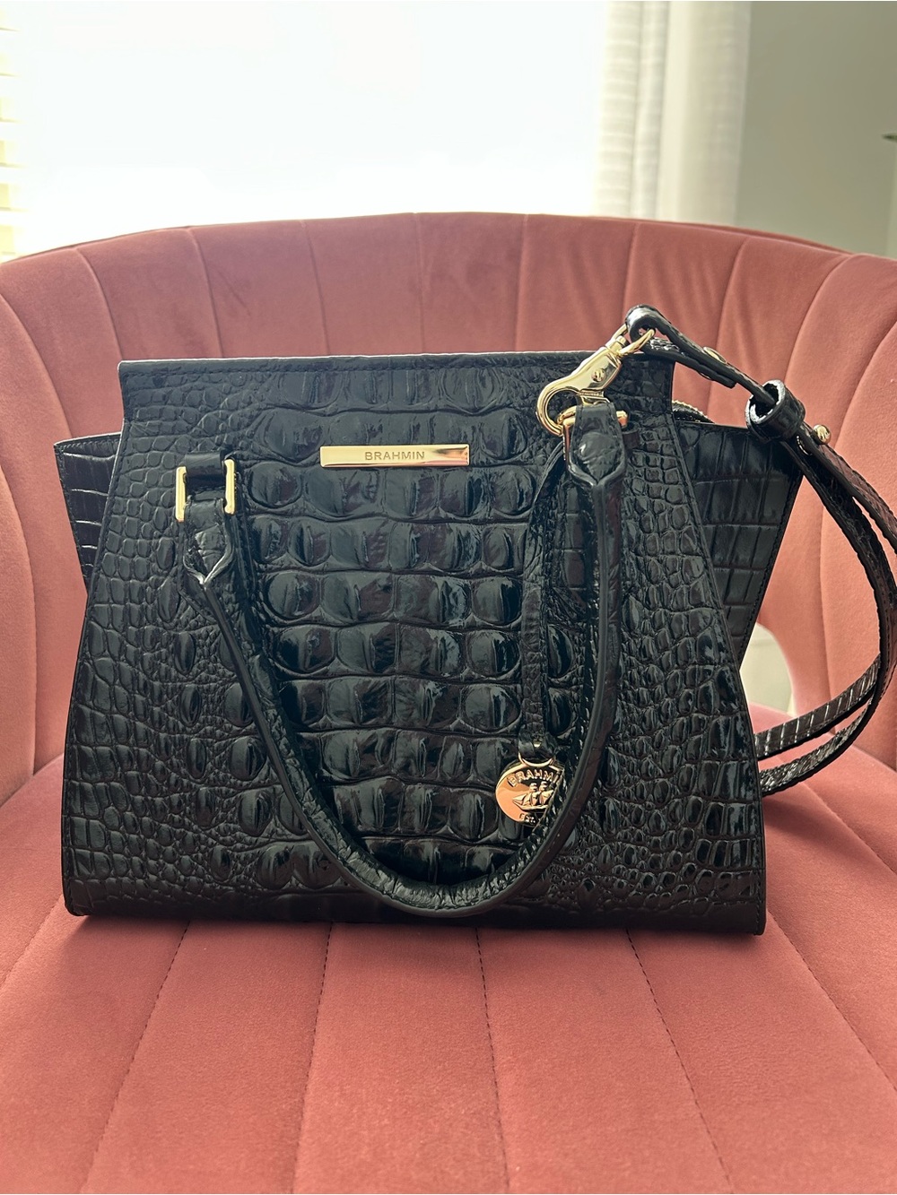 Brahmin Black Croc-Embossed Convertible Satchel with Gold Hardware
